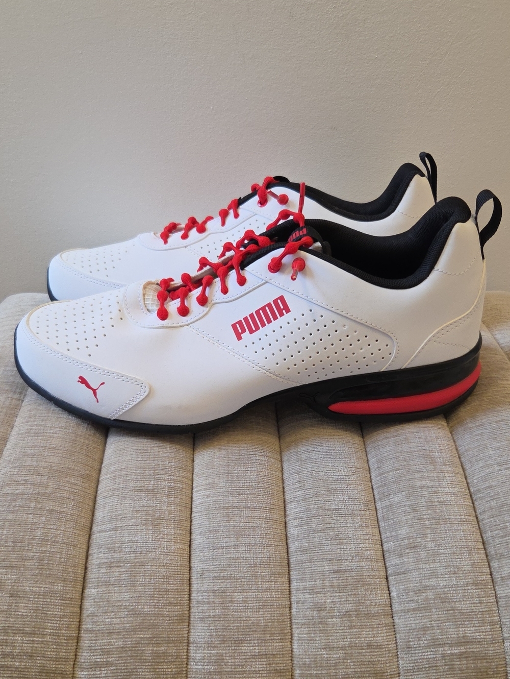 Puma Men's Size 12 White Athletic Sneakers with Red Accents